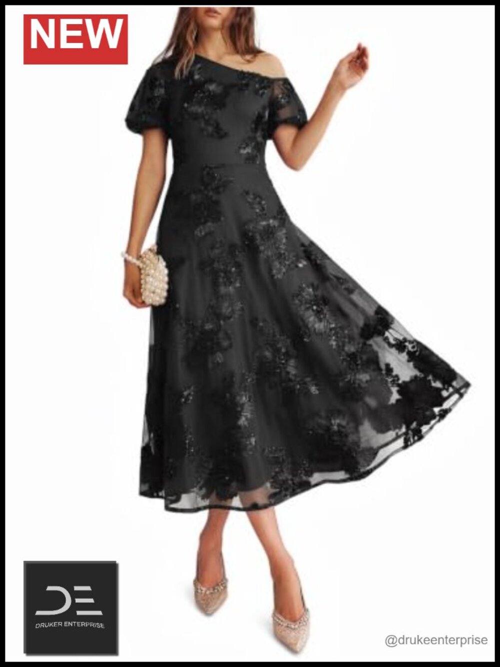 Womens 3D Floral Mesh One Shoulder Midi Dress Puff Sleeve A-Line Wedding Guest